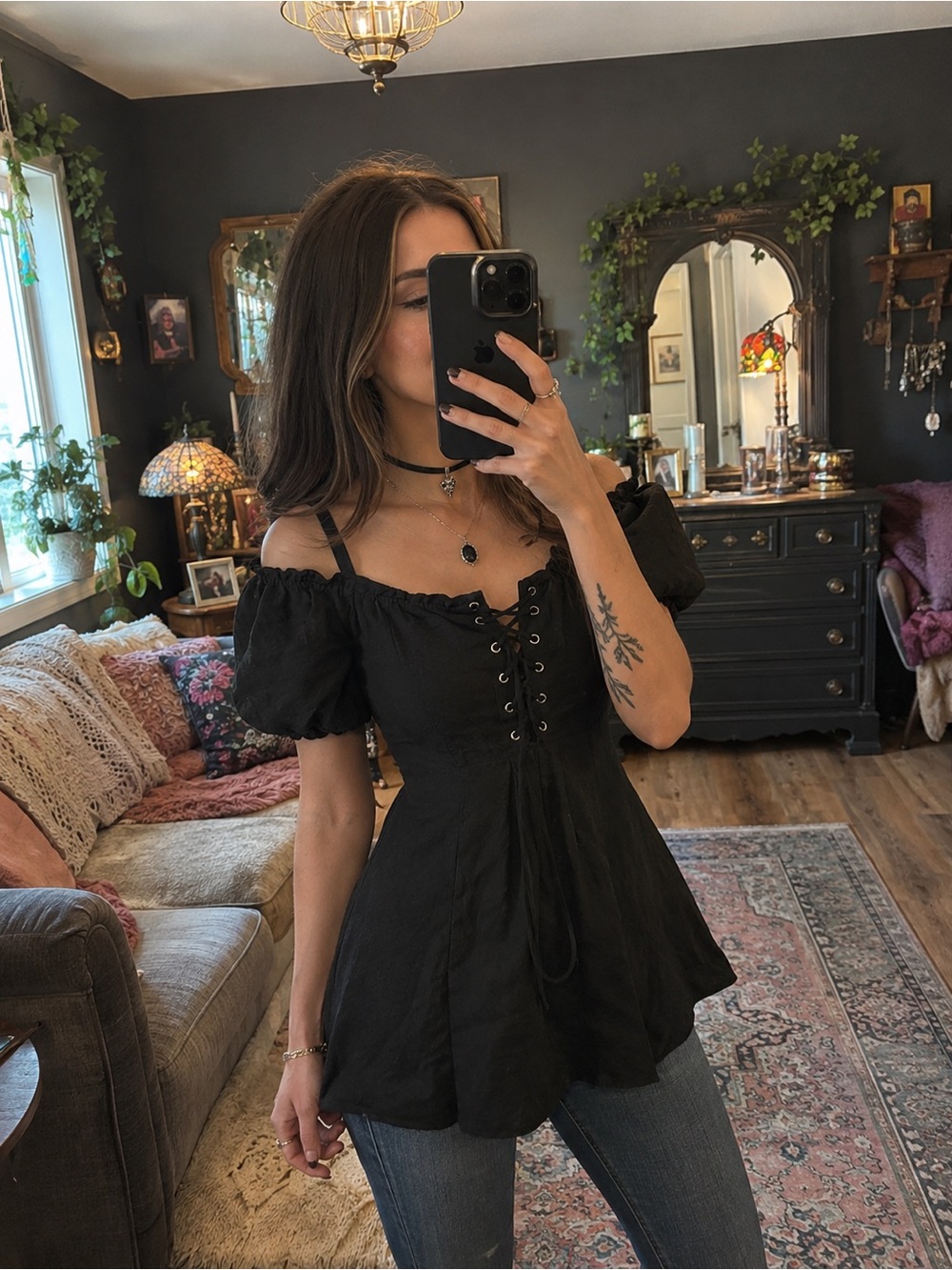 wild fable Black Lace-Up Off-Shoulder Puff Sleeve Top
